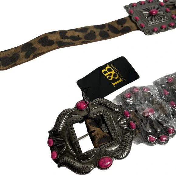 Lucky & Blessed Leopard Pink Turquoise Ribbon TooledSquare Belt